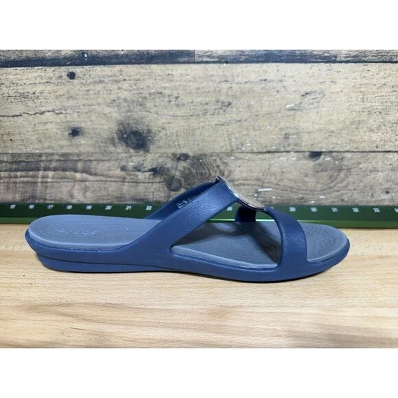 RARE - Crocs Sanrah Hammered Circle Slide Sandals Size 10 Navy Charcoal Silver - Picture 2 of 7